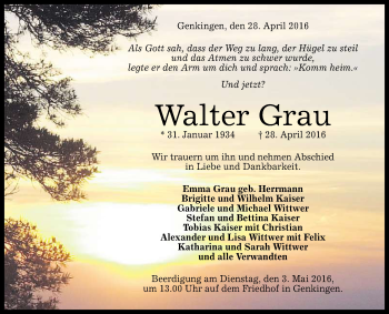Anzeige von Walter Grau von Reutlinger Generalanzeiger