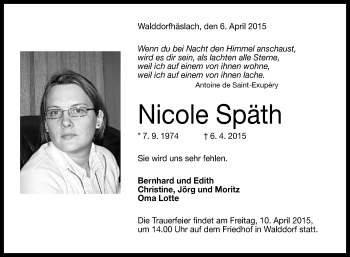 Anzeige von Nicole Späth von Reutlinger Generalanzeiger