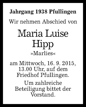 Anzeige von Maria Luise Hipp von Reutlinger Generalanzeiger