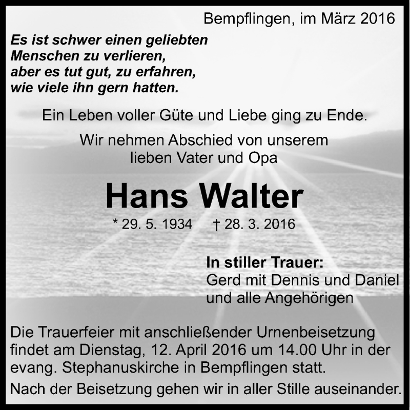  Traueranzeige für Hans Walter vom 06.04.2016 aus Reutlinger Generalanzeiger