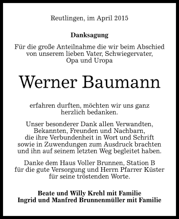 Anzeige von Werner Baumann von Reutlinger Generalanzeiger