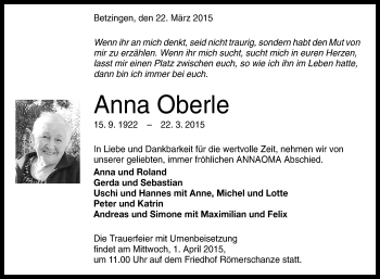 Anzeige von Anna Oberle von Reutlinger Generalanzeiger