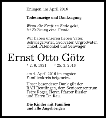 Anzeige von Ernst Otto Götz von Reutlinger Generalanzeiger