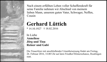 Anzeige von Gerhard Lüttich von Reutlinger Generalanzeiger