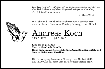 Anzeige von Andreas Koch von Reutlinger Generalanzeiger