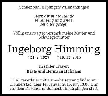 Anzeige von Ingeborg Himming von Reutlinger Generalanzeiger