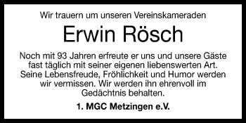 Anzeige von Erwin Rösch von Reutlinger Generalanzeiger