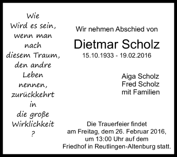 Anzeige von Dietmar Scholz von Reutlinger Generalanzeiger