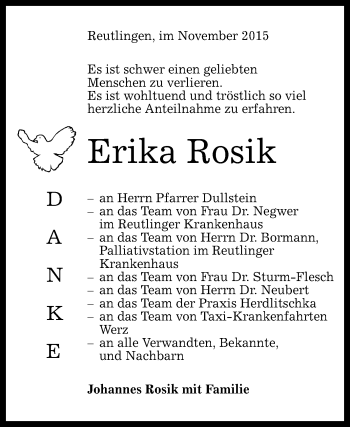 Anzeige von Erika Rosik von Reutlinger Generalanzeiger