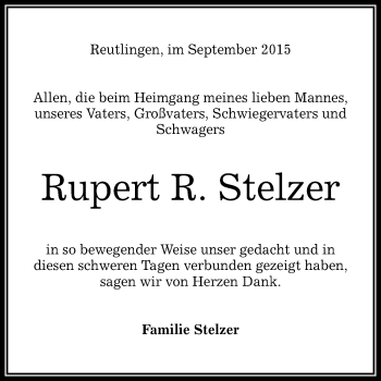 Anzeige von Rupert R. Stelzer von Reutlinger Generalanzeiger