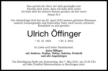 Anzeige von Ulrich Öffinger von Reutlinger Generalanzeiger
