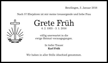 Anzeige von Grete Früh von Reutlinger Generalanzeiger