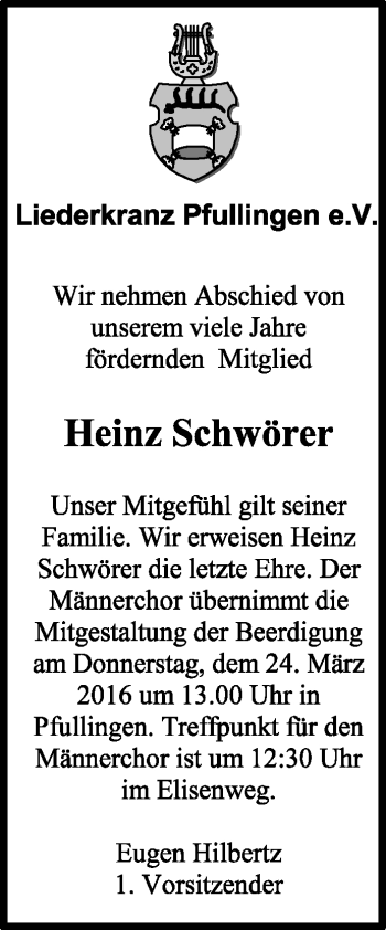 Anzeige von Heinz Schwörer von Reutlinger Generalanzeiger