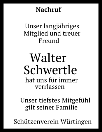 Anzeige von Walter Schwertle von Reutlinger Generalanzeiger