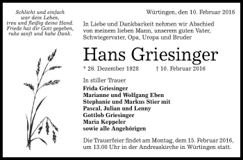 Anzeige von Hans Griesinger von Reutlinger Generalanzeiger