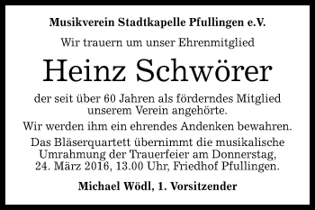 Anzeige von Heinz Schwörer von Reutlinger Generalanzeiger
