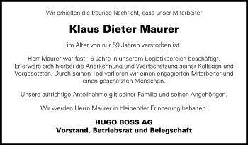 Anzeige von Klaus Dieter Maurer von Reutlinger Generalanzeiger