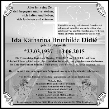 Anzeige von Ida Katharina Brunhilde Didié von Reutlinger Generalanzeiger