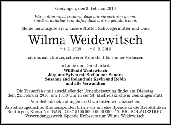 Anzeige von Wilma Weidewitsch von Reutlinger Generalanzeiger