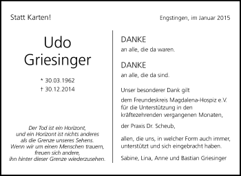 Anzeige von Udo Griesinger von Reutlinger Generalanzeiger