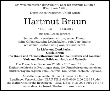 Anzeige von Hartmut Braun von Reutlinger Generalanzeiger