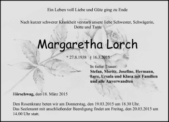 Anzeige von Margaretha Lorch von Reutlinger Generalanzeiger