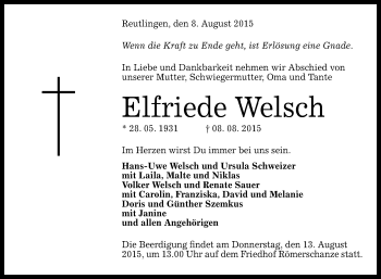 Anzeige von Elfriede Welsch von Reutlinger Generalanzeiger