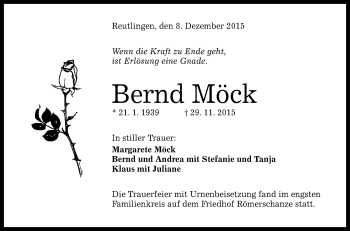 Anzeige von Bernd Möck von Reutlinger Generalanzeiger