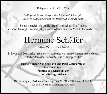 Anzeige von Hermine Schäfer von Reutlinger Generalanzeiger