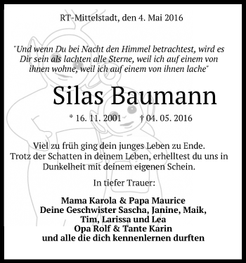 Anzeige von Silas Baumann von Reutlinger Generalanzeiger