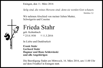 Anzeige von Frieda Stahr von Reutlinger Generalanzeiger