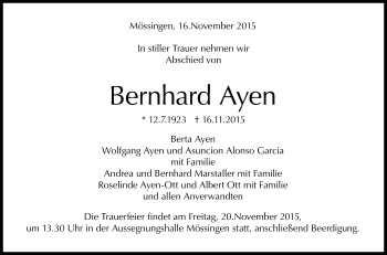 Anzeige von Bernhard Ayen von Reutlinger Generalanzeiger