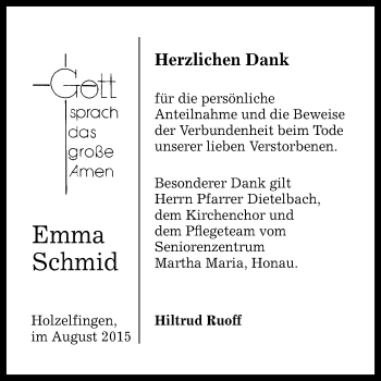Anzeige von Emma Schmid von Reutlinger Generalanzeiger