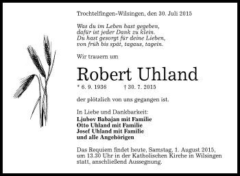 Anzeige von Robert Uhland von Reutlinger Generalanzeiger