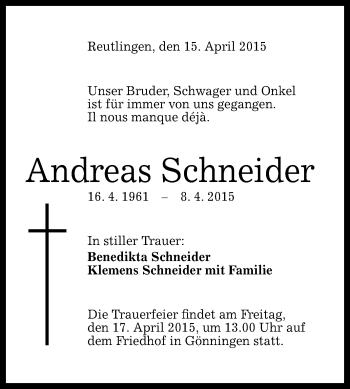 Anzeige von Andreas Schneider von Reutlinger Generalanzeiger