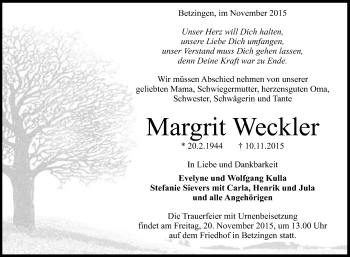 Anzeige von Margrit Weckler von Reutlinger Generalanzeiger