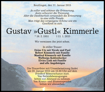 Anzeige von Gustav Gustl Kimmerle von Reutlinger Generalanzeiger
