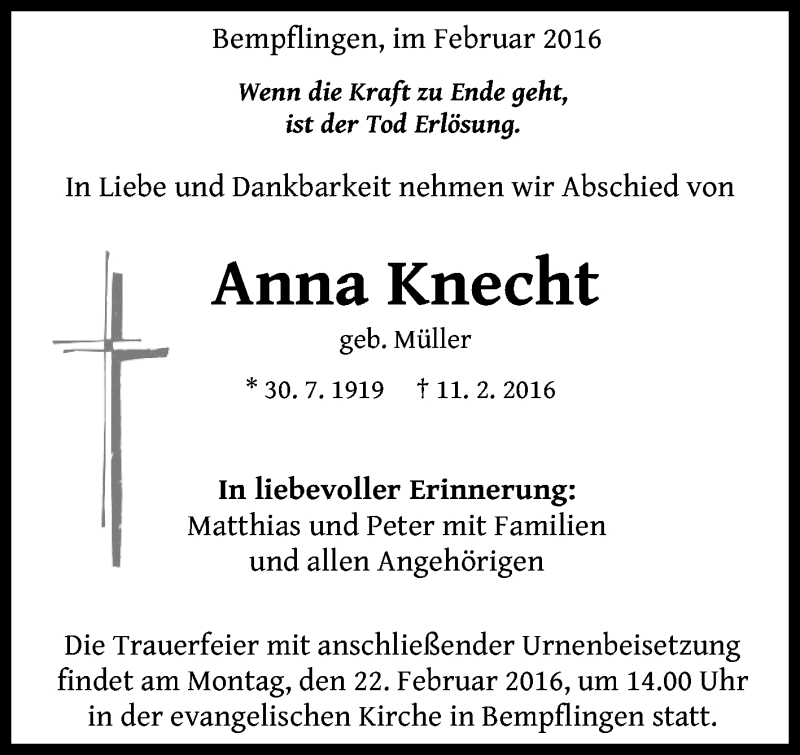  Traueranzeige für Anna Knecht vom 18.02.2016 aus Reutlinger Generalanzeiger