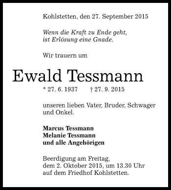 Anzeige von Ewald Tessmann von Reutlinger Generalanzeiger