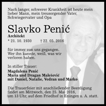 Anzeige von Slavko Penic von Reutlinger Generalanzeiger
