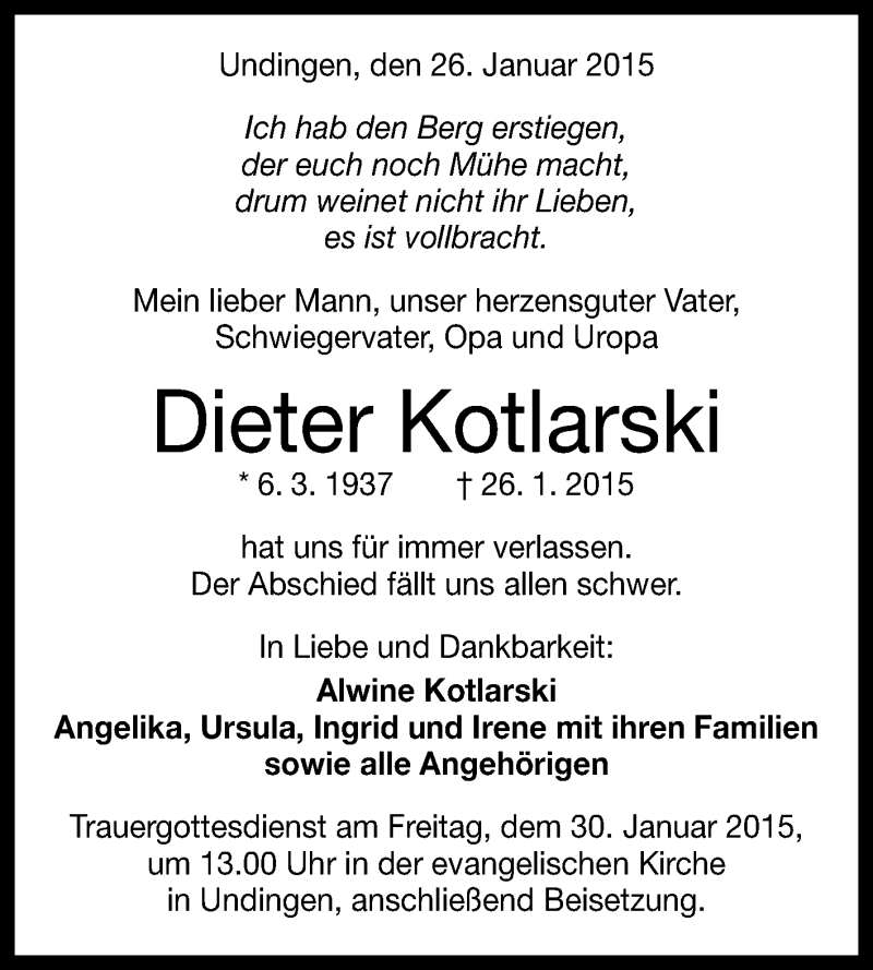  Traueranzeige für Dieter Kotlarski vom 28.01.2015 aus Reutlinger Generalanzeiger