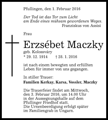 Anzeige von Erzsébet Maczky von Reutlinger Generalanzeiger