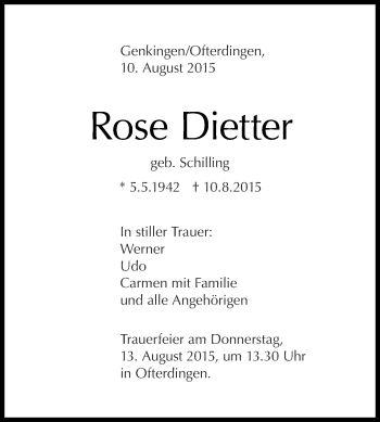 Anzeige von Rose Dietter von Reutlinger Generalanzeiger