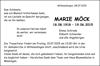 Anzeige von Marie Möck von Reutlinger Generalanzeiger