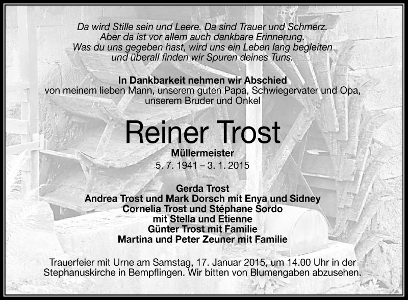  Traueranzeige für Reiner Trost vom 13.01.2015 aus Reutlinger Generalanzeiger