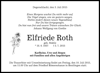 Anzeige von Elfriede Roth von Reutlinger Generalanzeiger