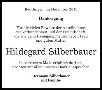 Anzeige von Hildegard Silberbauer von Reutlinger Generalanzeiger