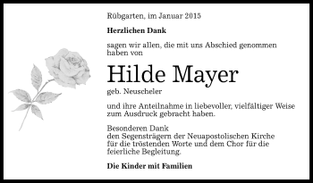 Anzeige von Hilde Mayer von Reutlinger Generalanzeiger