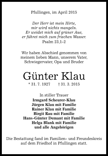 Anzeige von Günter Klau von Reutlinger Generalanzeiger