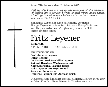 Anzeige von Fritz Leyener von Reutlinger Generalanzeiger